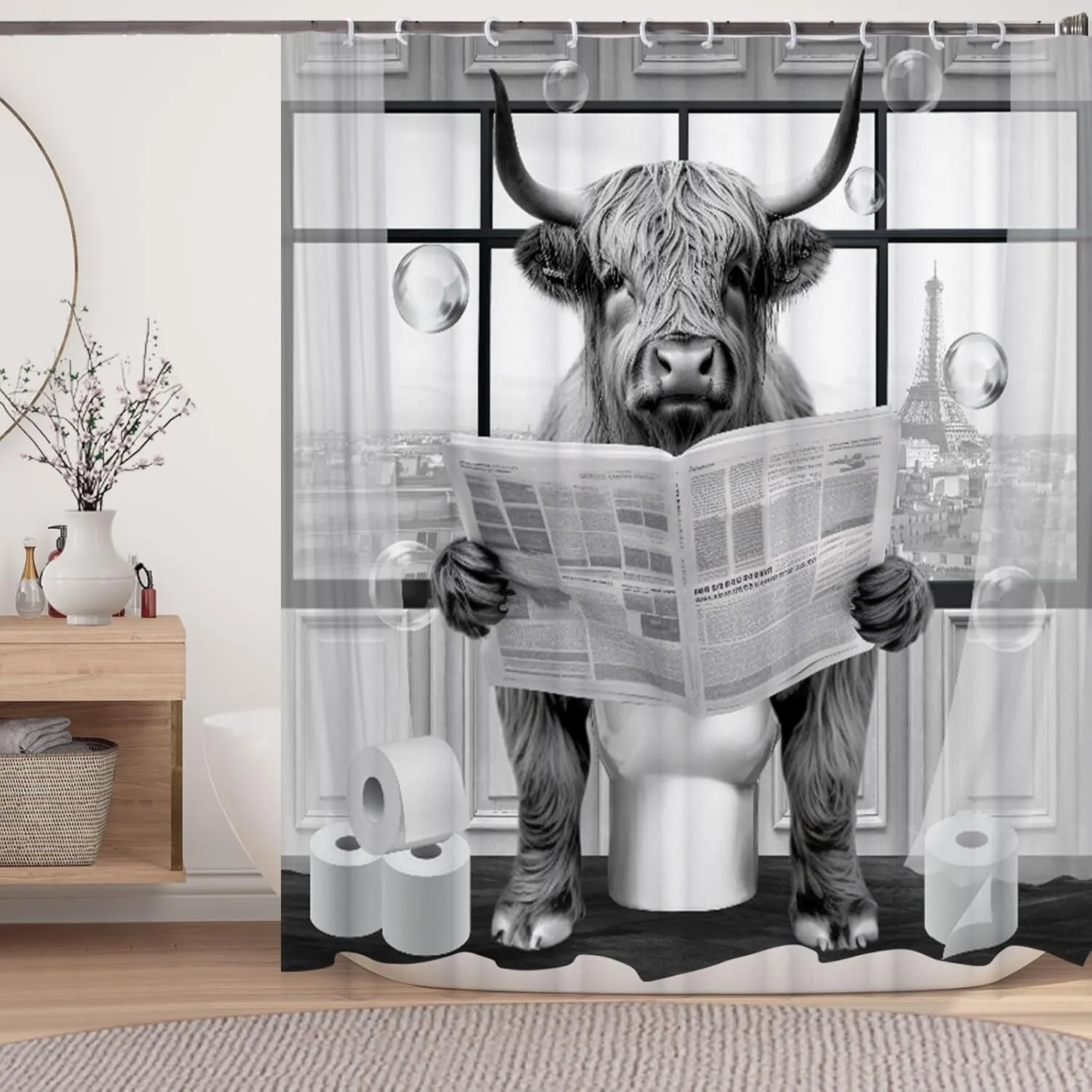 Funny Highland Cattle Cow Bull Shower Curtain, Black and White Cattle Reading Newspaper on Toilet Shower Curtains Set, Humor Western West Farmhouse Shower Curtains with Hooks 72x72inch