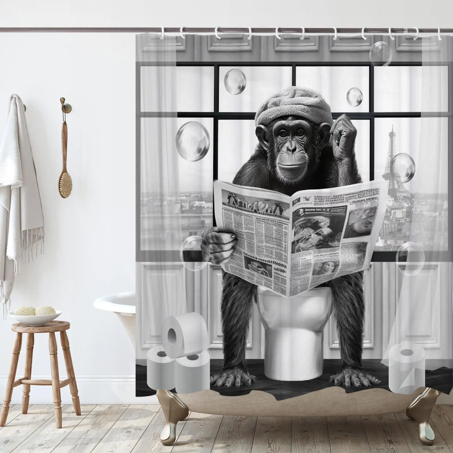Funny Monkey Shower Curtain, Black and White Fun Chimpanzee Animal on Toilet Bathroom Curtains, 72x72 Humorous Shower Curtain Set, Gray Wildlife Boys Men Modern Cool Bathroom Curtain