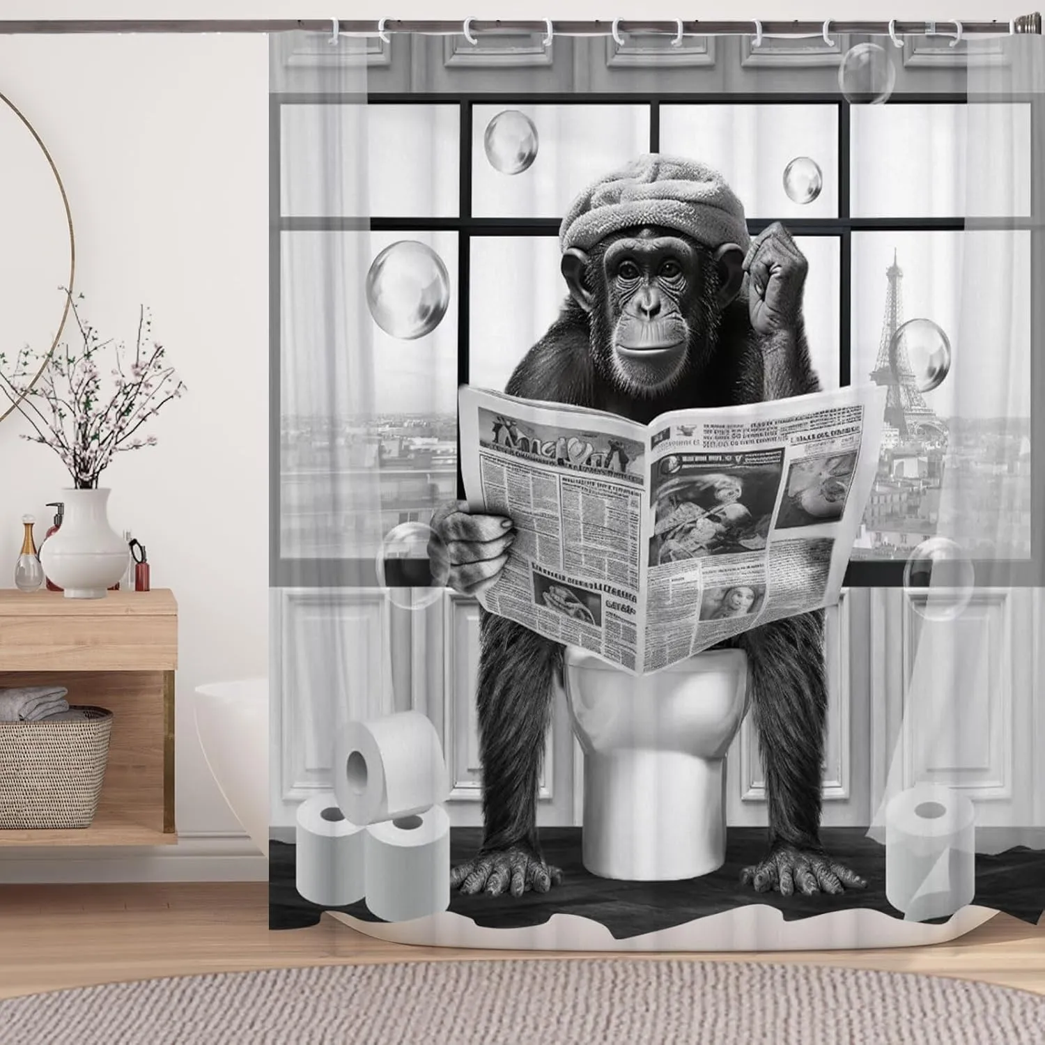Funny Monkey Shower Curtain, Black and White Fun Chimpanzee Animal on Toilet Bathroom Curtains, 72x72 Humorous Shower Curtain Set, Gray Wildlife Boys Men Modern Cool Bathroom Curtain