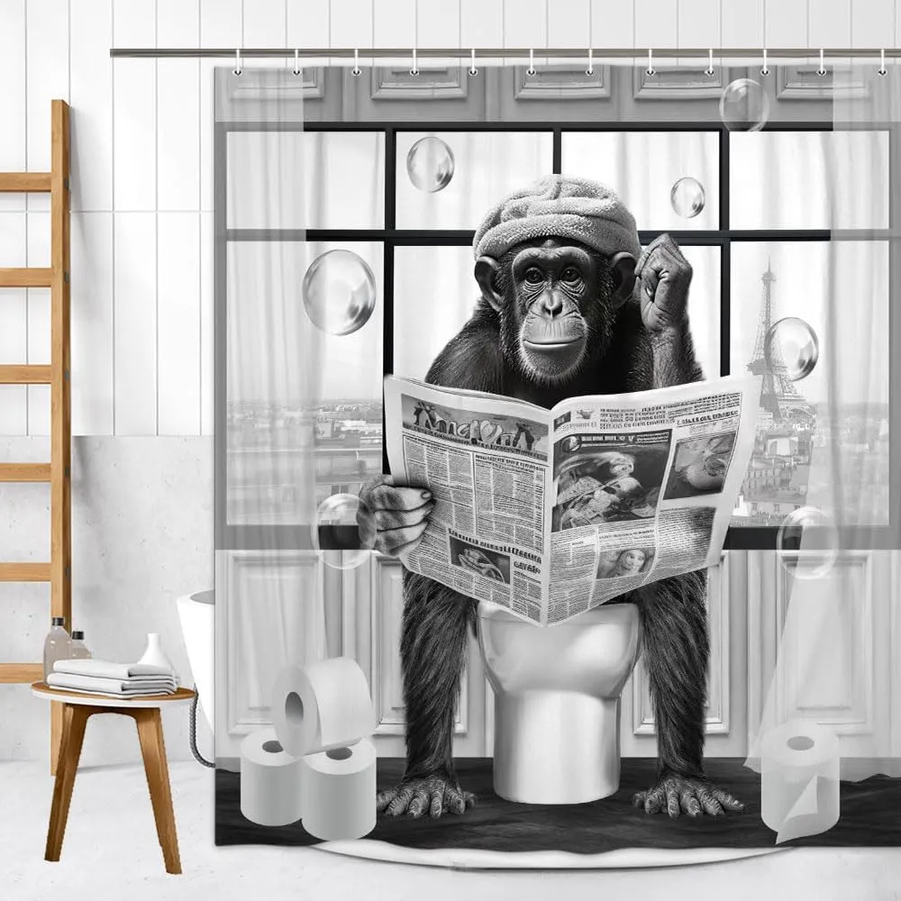 Funny Monkey Shower Curtain, Black and White Fun Chimpanzee Animal on Toilet Bathroom Curtains, 72x72 Humorous Shower Curtain Set, Gray Wildlife Boys Men Modern Cool Bathroom Curtain