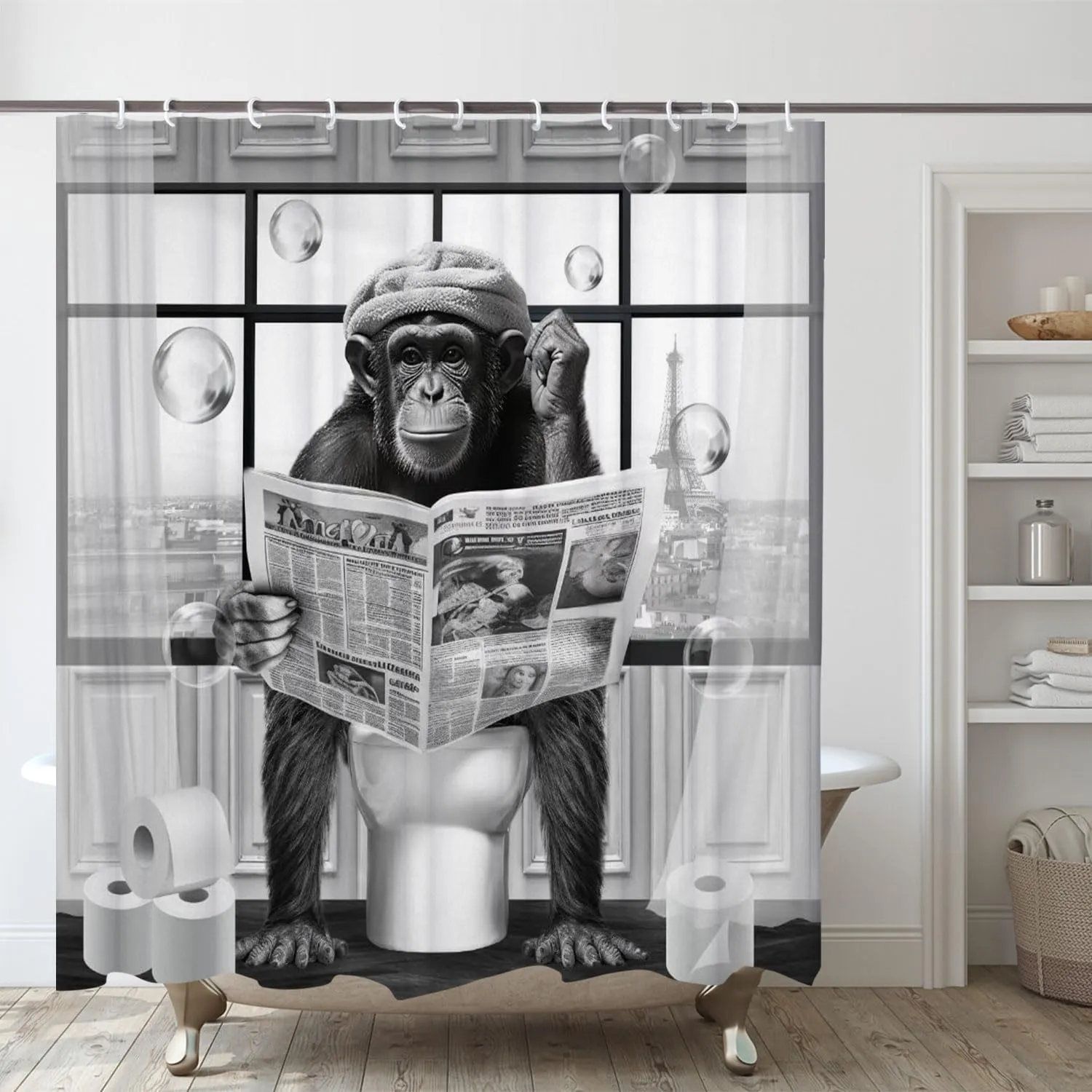 Funny Monkey Shower Curtain, Black and White Fun Chimpanzee Animal on Toilet Bathroom Curtains, 72x72 Humorous Shower Curtain Set, Gray Wildlife Boys Men Modern Cool Bathroom Curtain