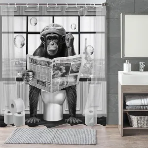 Funny Monkey Shower Curtain, Black and White Fun Chimpanzee Animal on Toilet Bathroom Curtains, 72x72 Humorous Shower Curtain Set, Gray Wildlife Boys Men Modern Cool Bathroom Curtain