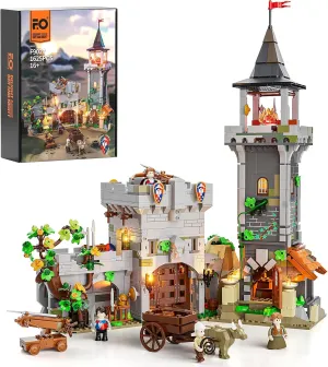 FUNWHOLE Medieval Watchtower Lighting Building-Bricks Set - Guardiance Castle with Soldier Farmer Minifigures Collectible Display Set 1625 Pcs for Adults and Teen