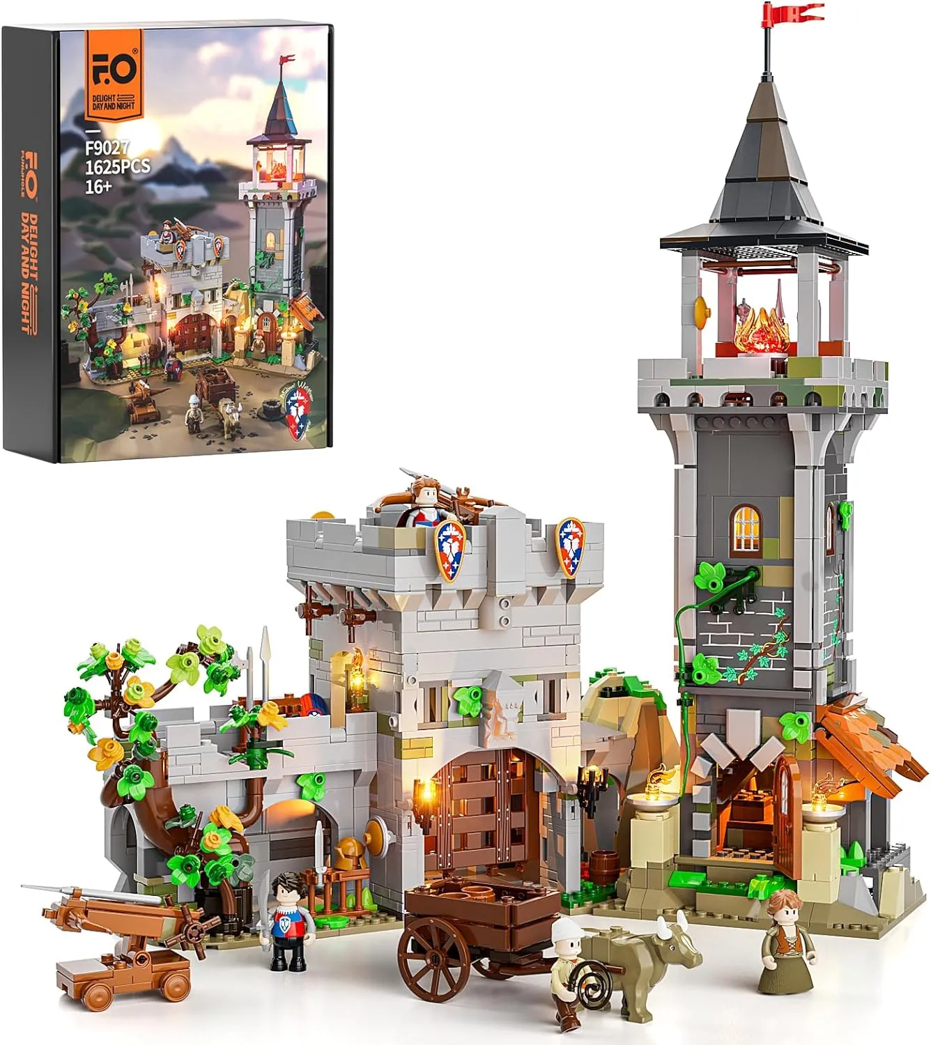 FUNWHOLE Medieval Watchtower Lighting Building-Bricks Set - Guardiance Castle with Soldier Farmer Minifigures Collectible Display Set 1625 Pcs for Adults and Teen