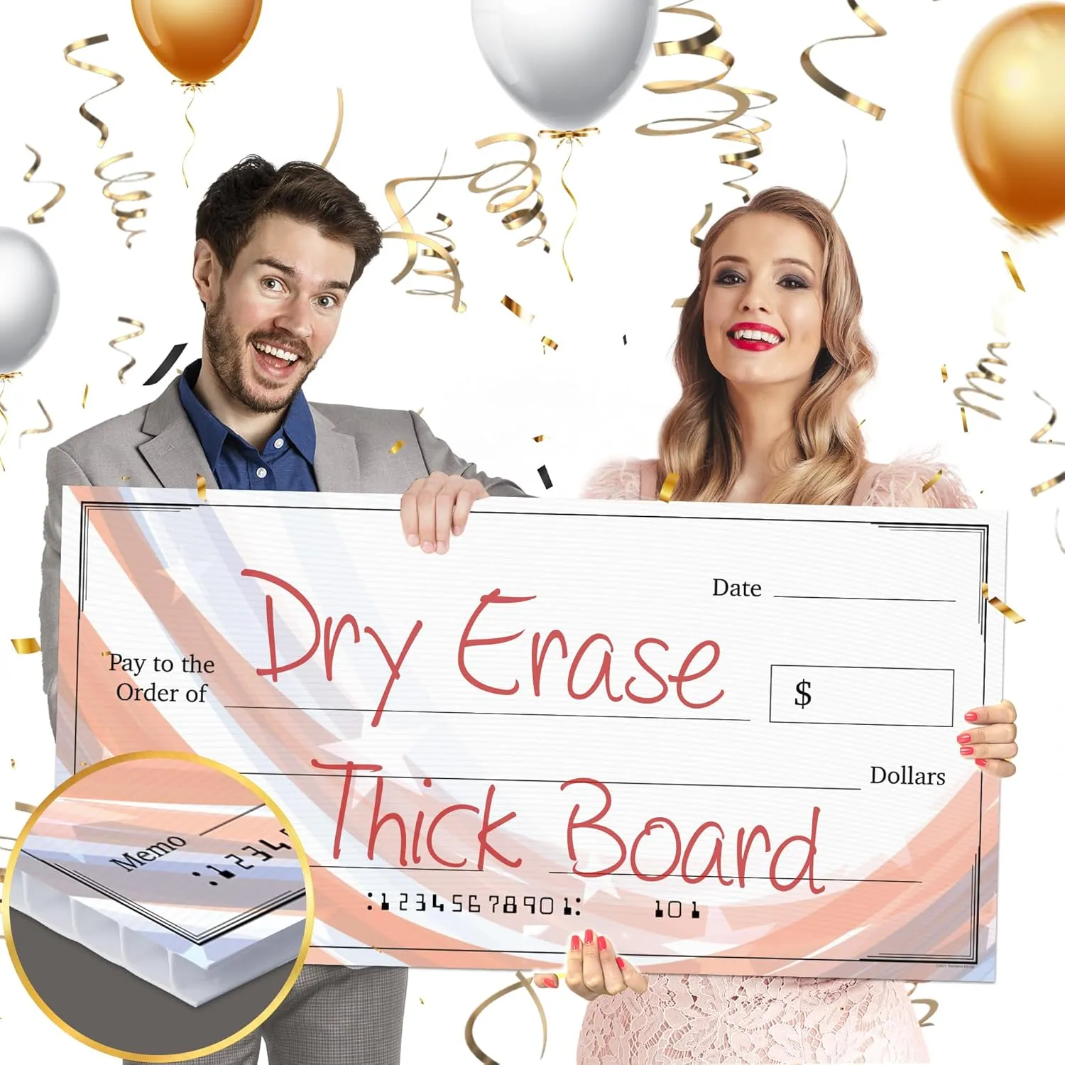 Giant Dry Erase Check - 16" x 32", Reusable Big Oversized Blank Check for Presentation - Great Photo-Op for Fundraisers, Charity & Donation Events