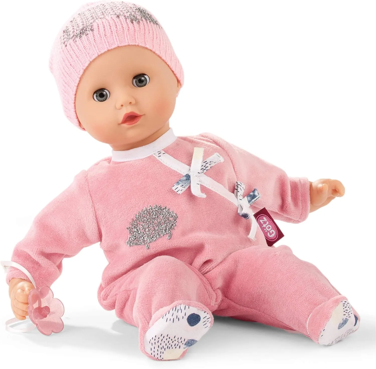 Gotz Muffin Hedgehog 13" Soft Body Baby Doll with Bald Head in Pink Velour Footed Pajamas with Knit Cap and Pacifier - Ages 18 Months  