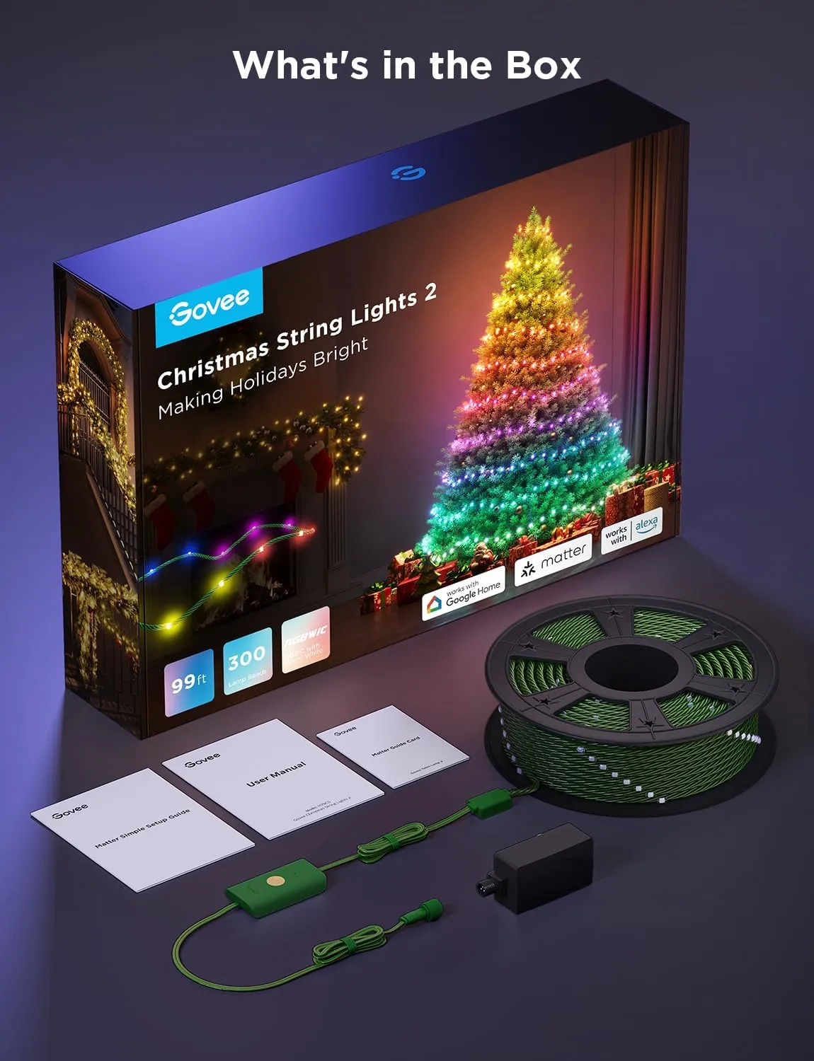 Govee Christmas Lights 2, RGBWIC 99FT 300LEDs Holiday String Lights with Shape Mapping Function, Smart LED Decoration for Indoor Outdoor Tree, 130  Preset Scenes, Voice and APP Control, Green Wire