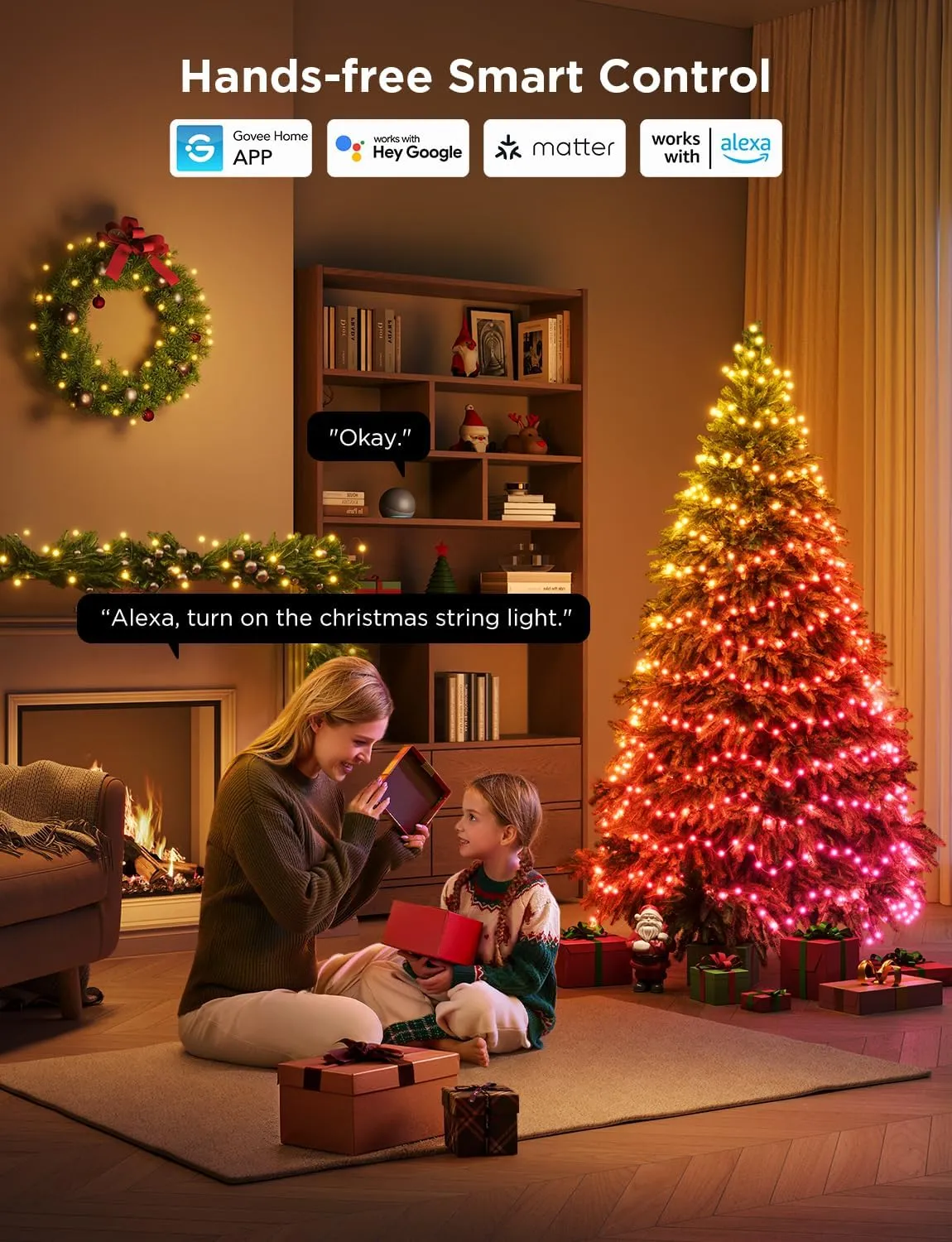 Govee Christmas Lights 2, RGBWIC 99FT 300LEDs Holiday String Lights with Shape Mapping Function, Smart LED Decoration for Indoor Outdoor Tree, 130  Preset Scenes, Voice and APP Control, Green Wire