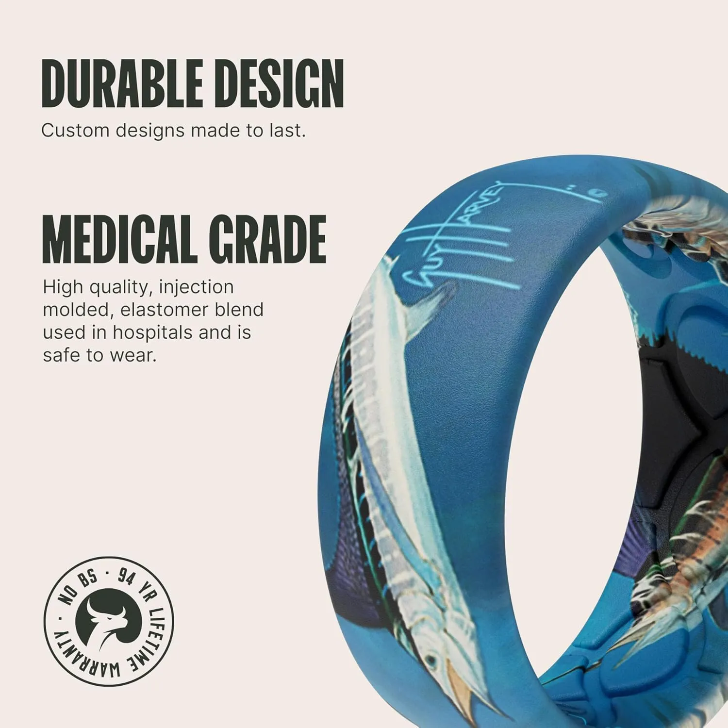 Groove Life Guy Harvey Silicone Ring - Breathable Rubber Wedding Rings for Men, Lifetime Coverage, Unique Design, Comfort Fit Ring