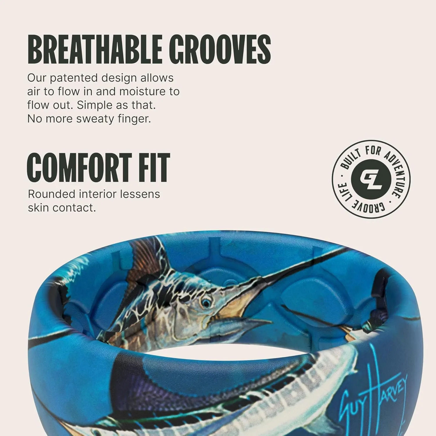 Groove Life Guy Harvey Silicone Ring - Breathable Rubber Wedding Rings for Men, Lifetime Coverage, Unique Design, Comfort Fit Ring