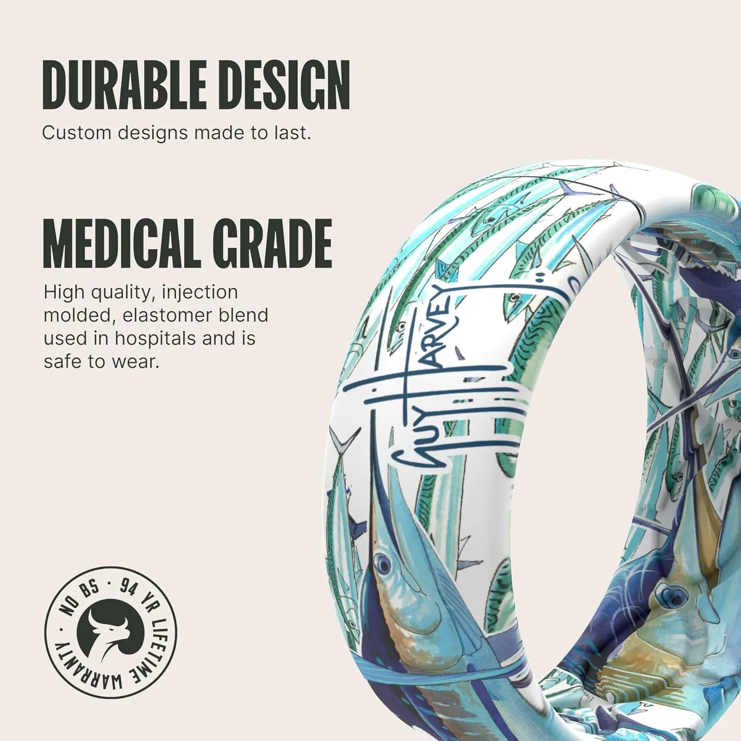 Groove Life Guy Harvey Silicone Ring - Breathable Rubber Wedding Rings for Men, Lifetime Coverage, Unique Design, Comfort Fit Ring