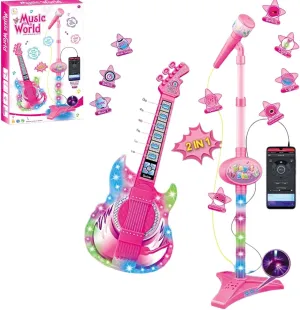 Guitar and Microphone Set for Kids,Guitar Toys with Music&Colorful Light,Adjustable Height Microphone with Stand,Karaoke Machine Musical Instruments Toy Microphone for Boys and Girls