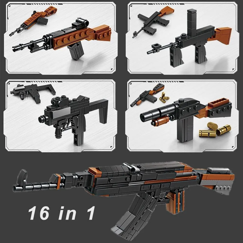 Gun Model Building Kit, Blocks Toy Sets, Assembling Blocks, 16 in 1 AK Automatic Rifle, Boy's 732PCS, Black