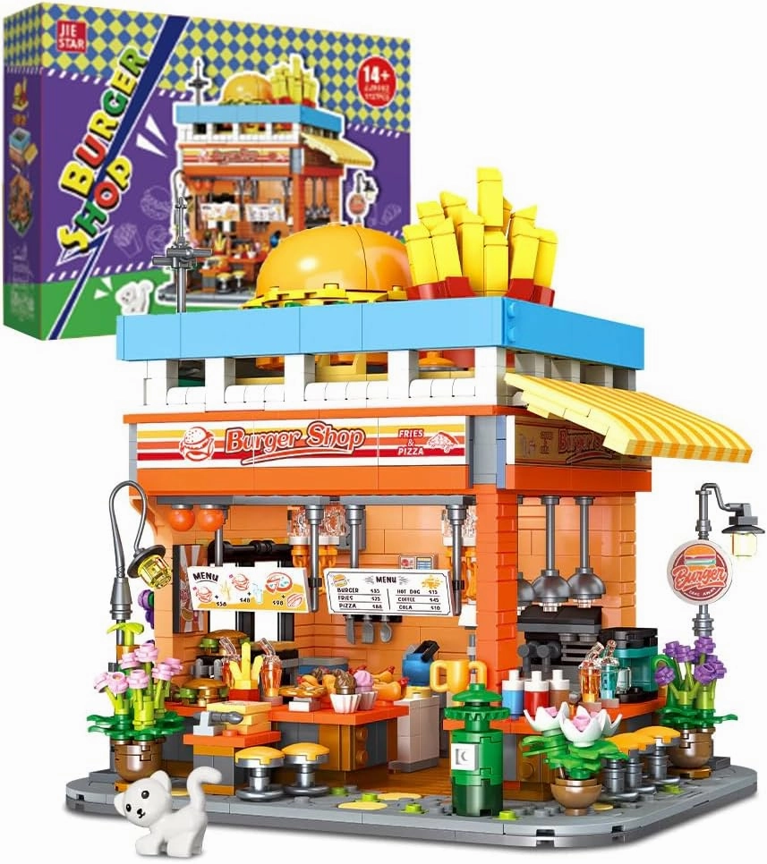 Hamburger Shop Building Block Set,MOC City Street View Burger Shop Building Toy,Architecture Construction Sets Ideas Gifts for Adults(1727 Pcs)