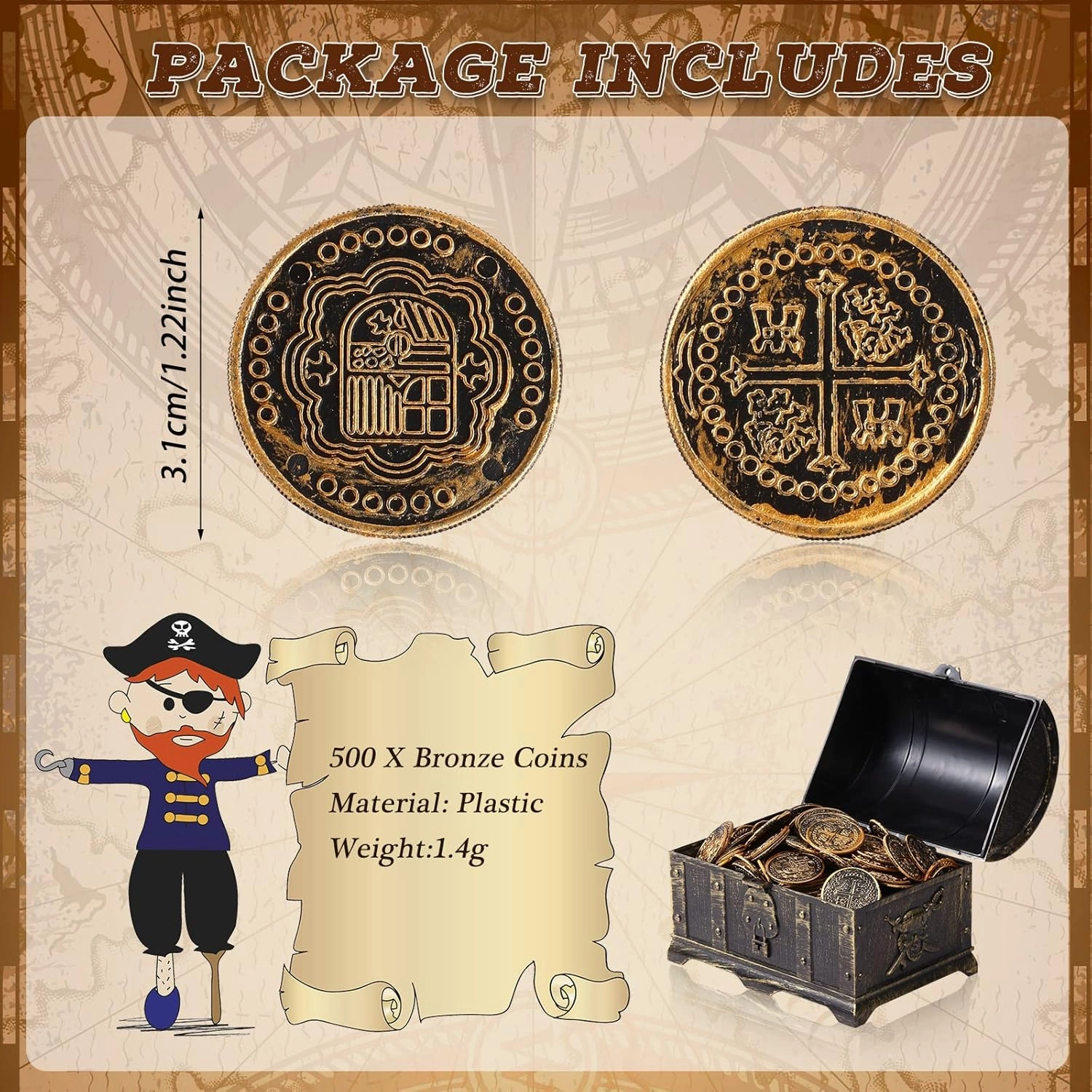 Hanaive 500 Pcs Gold Coins Plastic Pirate Coins Replica Spanish Doubloons Kids Fake Play Coins for Party Decorations Pirate Treasure Chest Board Games Tokens Toys Cosplay(Bronze)