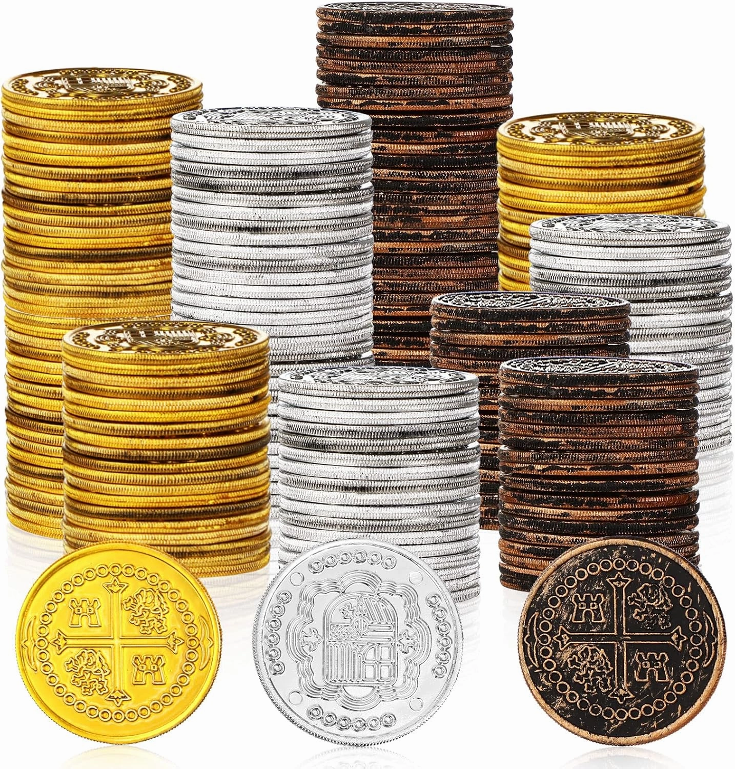 Hanaive 500 Pcs Pirate Coins Plastic Coins Replica Spanish Doubloons Kids Fake Play Coins for St. Patrick's Pirate Party Treasure Chest Board Games Tokens Toys Cosplay (Cross)