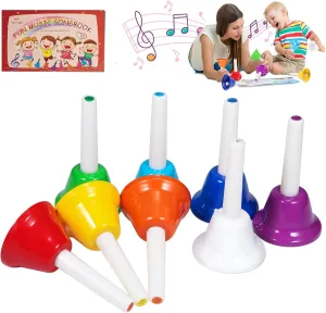 Hand Bells, 8 Note Musical Handbells Set with 17 Songbook Musical Toy Percussion Instrument for Toddlers Children Kids for Children's Day Family Activity School and Church (Multicolored)
