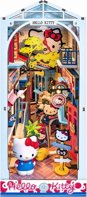 Hands Craft DIY Miniature Kit Book Nook - Hello Kitty Town Square | Whimsical Miniature Scene | Intricate Design, Adorable Charm | LED Lights | Bookshelf Decor | Gift for Hello Kitty Fans