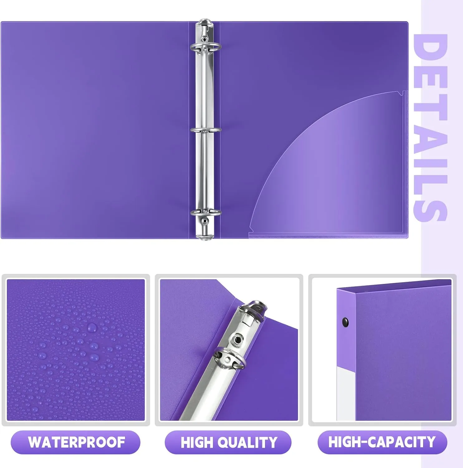 Henoyso 8 Pcs 3 Ring Binder 1/2'' Round Fits Letter Size 8. 5'' x 11'' Paper Plastic Flexible Binder Holds 100 Sheets with 1 Pockets Versatile Organizer for Office Home School (Purple)