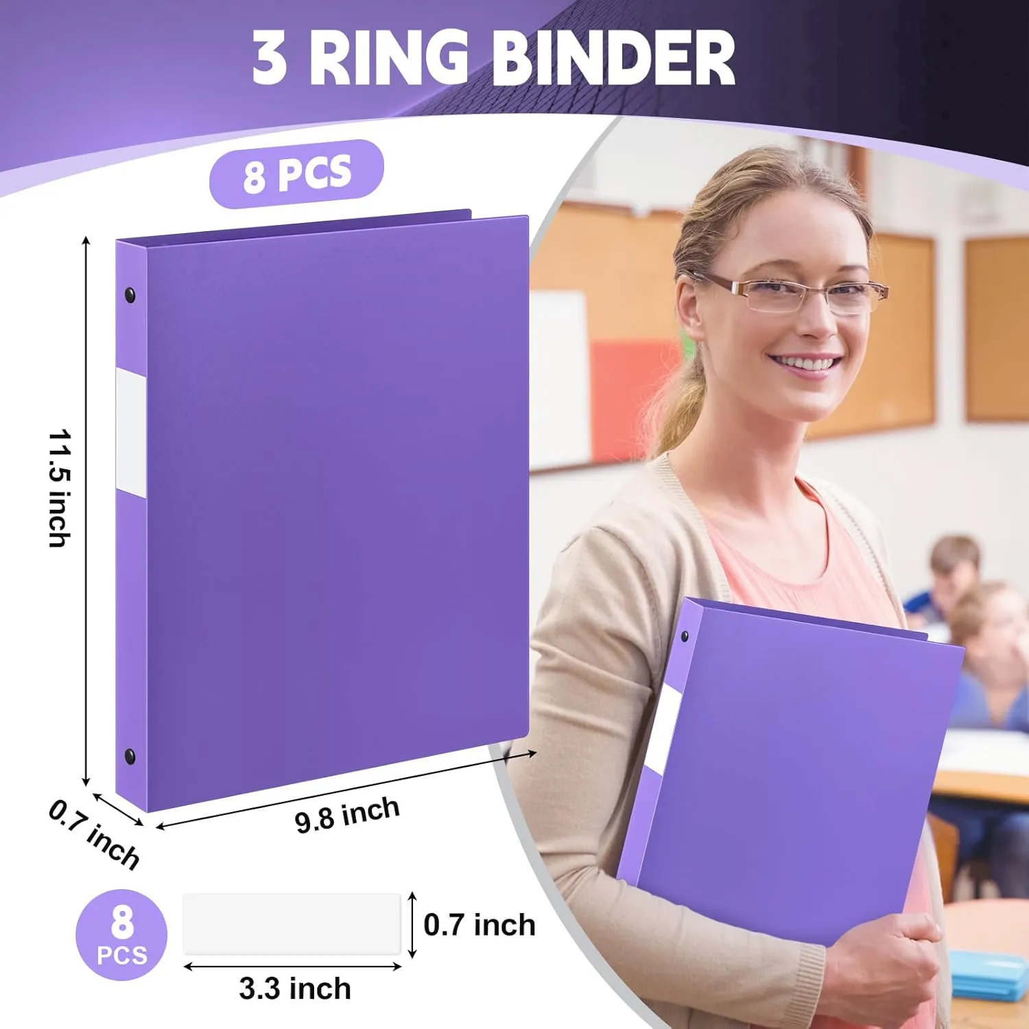Henoyso 8 Pcs 3 Ring Binder 1/2'' Round Fits Letter Size 8. 5'' x 11'' Paper Plastic Flexible Binder Holds 100 Sheets with 1 Pockets Versatile Organizer for Office Home School (Purple)