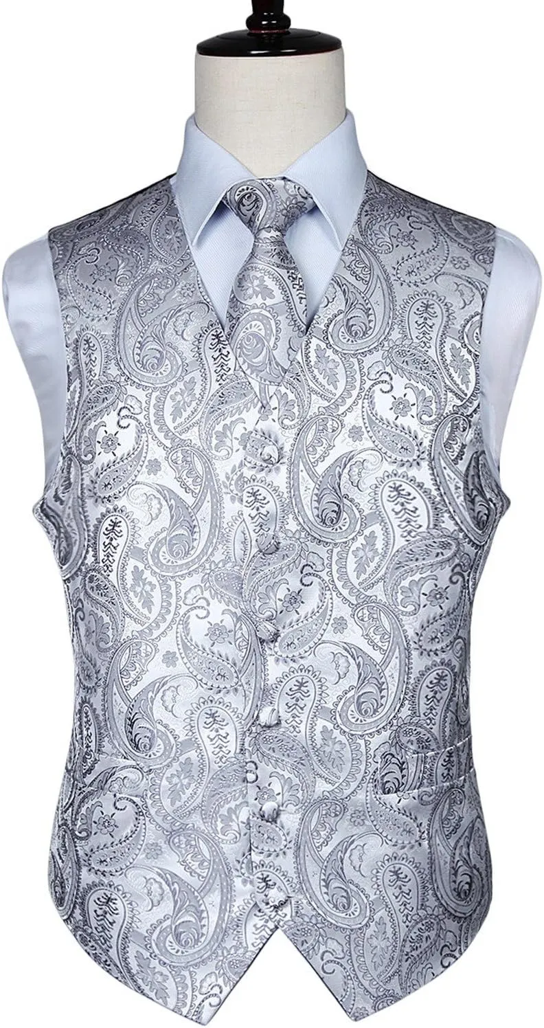 HISDERN Mens Vest Tie Set 3PC Formal Waistcoat Paisley Floral Jacquard Necktie Pocket Square Suit Vests Wedding Party