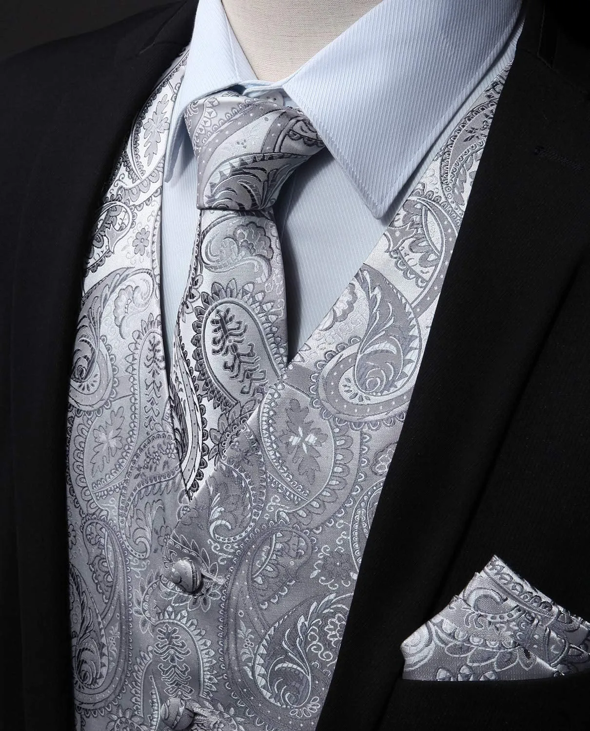 HISDERN Mens Vest Tie Set 3PC Formal Waistcoat Paisley Floral Jacquard Necktie Pocket Square Suit Vests Wedding Party