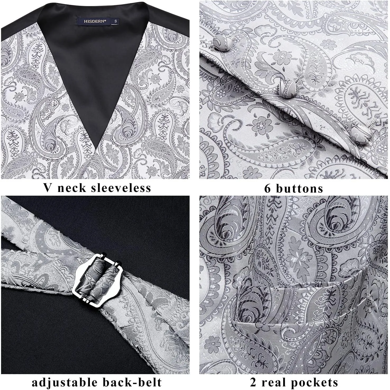 HISDERN Mens Vest Tie Set 3PC Formal Waistcoat Paisley Floral Jacquard Necktie Pocket Square Suit Vests Wedding Party