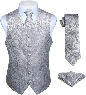 HISDERN Mens Vest Tie Set 3PC Formal Waistcoat Paisley Floral Jacquard Necktie Pocket Square Suit Vests Wedding Party
