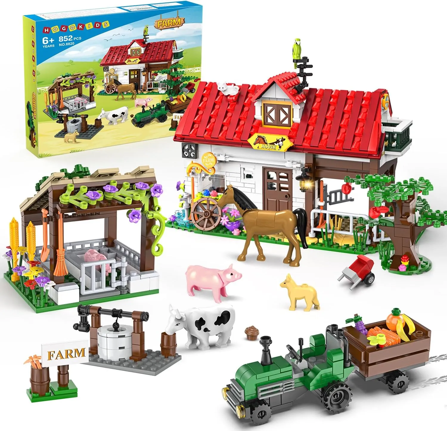 HOGOKIDS Farm House Building Toy for Girls Boys - 852 PCS Valentine's Day City Farm Animals Building Block Set with Horse Tractor Farm Tools | Creative Easter Gift for Kids Ages 6 7 8 9 10 11 12 