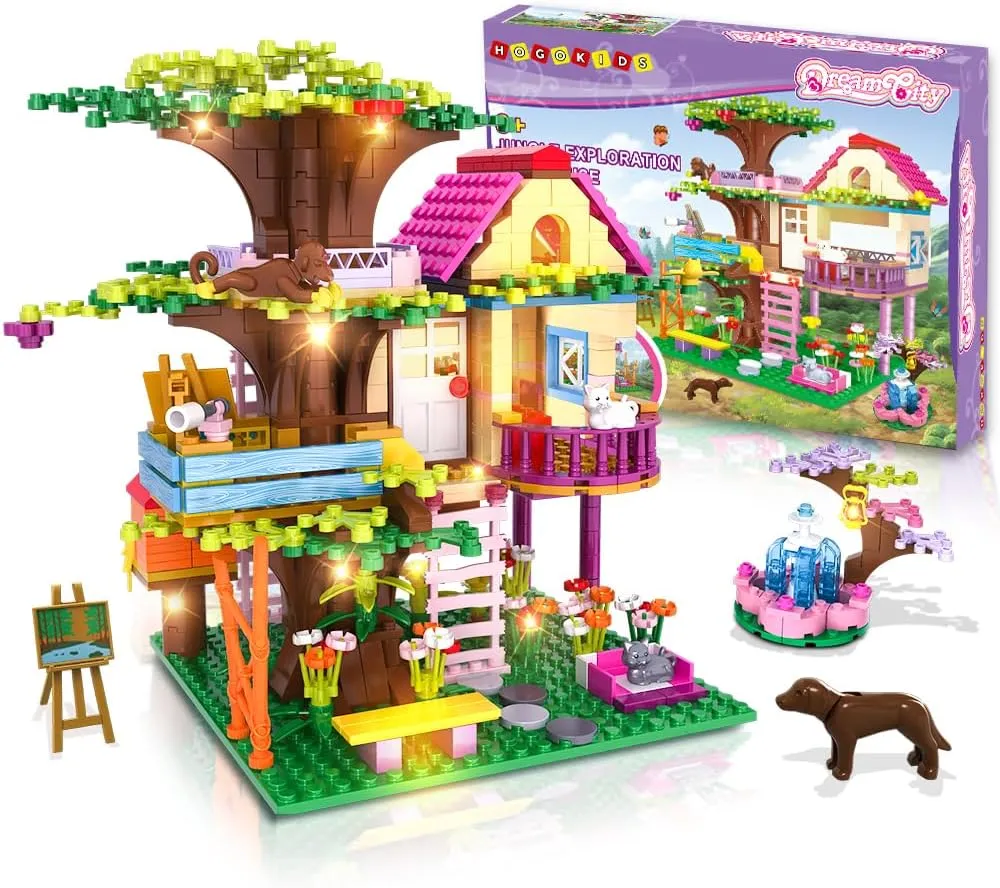HOGOKIDS Tree House Building Set with LED Light - 613PCS Forest Girl House Building Block Toy with Fountain Animals, Birthday Gifts for Girls Boys Kids Ages 6-12  Years