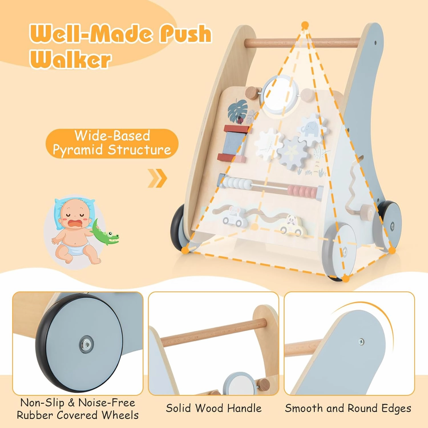 HONEY JOY Baby Push Walker, Wooden Infant Walker Activity Center with Shape Sorter, Develop Motor Skills & Creativity, Push Toys for Babies Learning to Walk, Gift for Boys and Girls, Blue