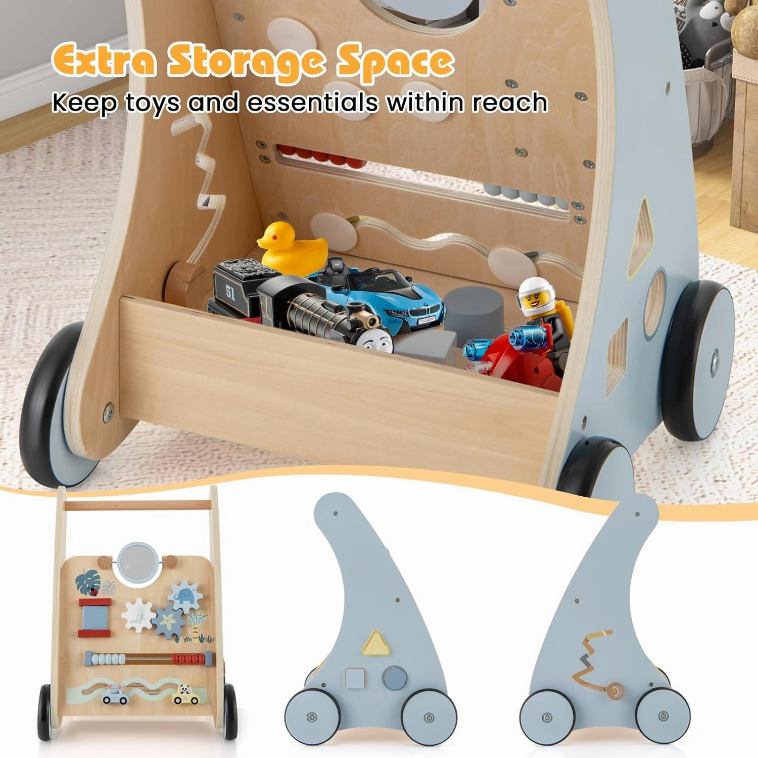 HONEY JOY Baby Push Walker, Wooden Infant Walker Activity Center with Shape Sorter, Develop Motor Skills & Creativity, Push Toys for Babies Learning to Walk, Gift for Boys and Girls, Blue