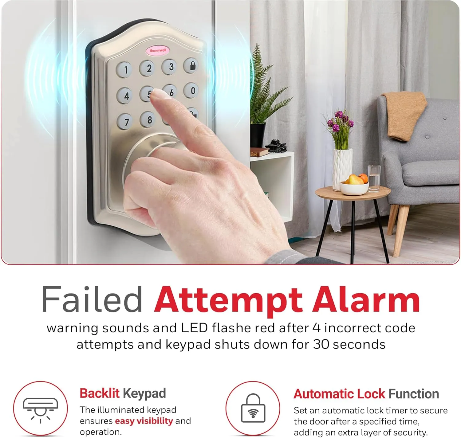 Honeywell Safes & Door Locks - Keyless Entry Smart Electronic Door Knob Lock with Digital Keypad - Auto Lock - 50 Different User Pin Codes - 1 Touch Locking - Satin Nickel - 6.5x8.8x9 inches - 8732301