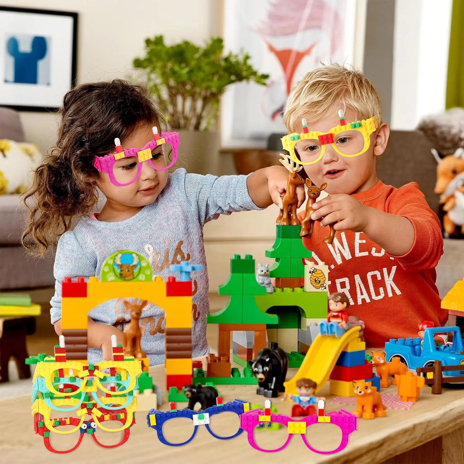 Hxezoc 12 Pcs DIY Building Bricks Glasses Building Blocks Games for Kids Creative Building Block Birthday Party Supplies