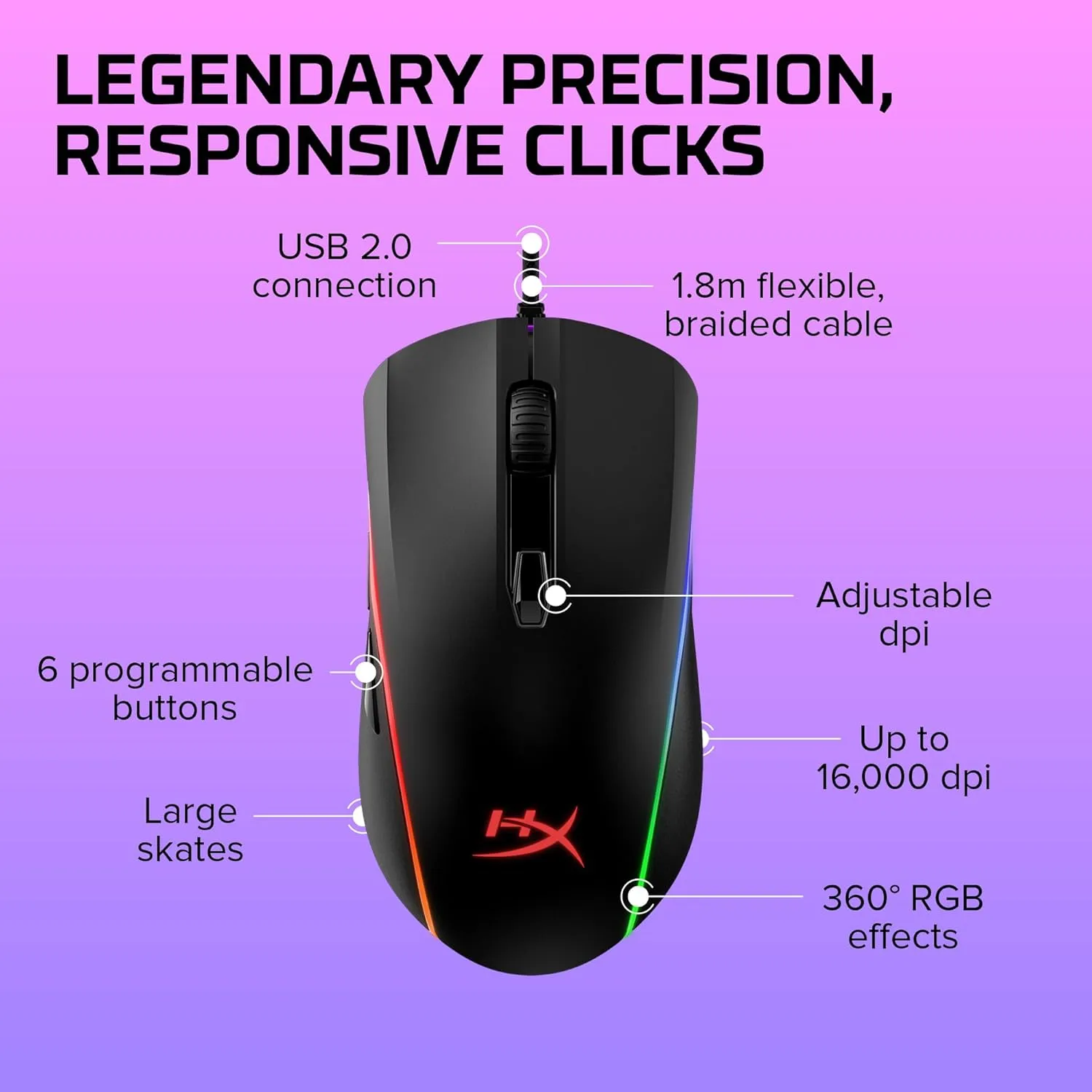 HyperX Pulsefire Surge - RGB Wired Optical Gaming Mouse, Pixart 3389 Sensor up to 16000 DPI, Ergonomic, 6 Programmable Buttons, Compatible with Windows 10/8.1/8/7 - Black