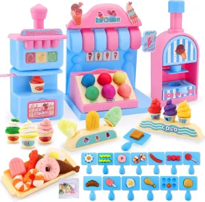 Ice Cream Shop Color Dough Set, 71PCS Kitchen Creations Toys, Play Store Counter Set with Ice Cream Maker, Pretend Play Accessories Kit Playset for Toddlers Kids Girls Ages 3-5 (24 Doughs)