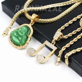 Iced Gold / Silver Buddha Pendant w/ 5mm Franco Chain / MUSICAL NOTE Pendant w/ 4mm Rope Chain Set