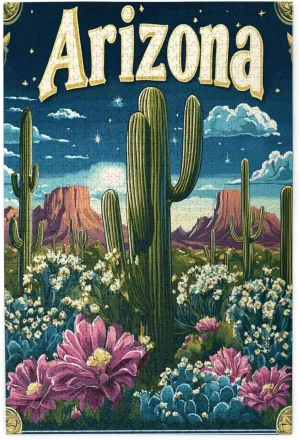 Iconic Arizona Desert Landscape with Towering Saguaro Cacti,1000 Piece Wooden Puzzle for Adults,Southwestern Wilderness Artwork,Brain Training Challenge,Stress Relief Activity