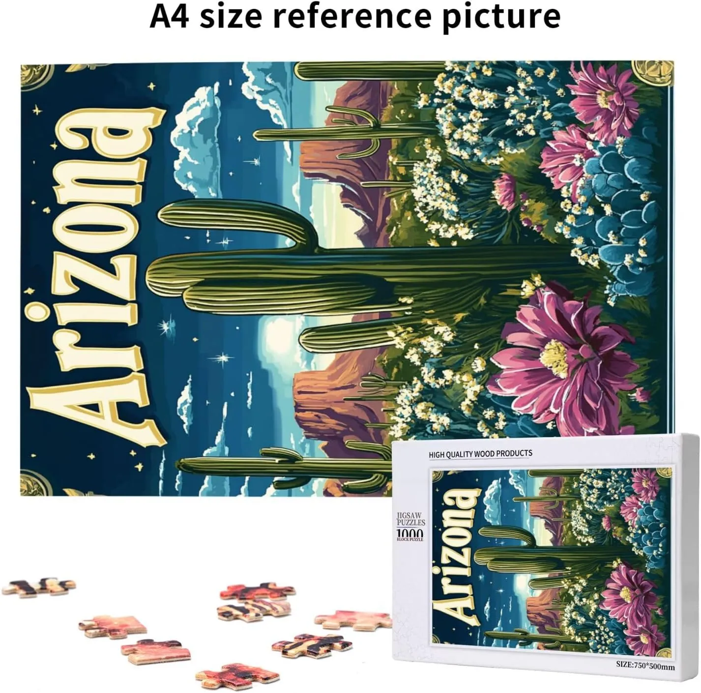 Iconic Arizona Desert Landscape with Towering Saguaro Cacti,1000 Piece Wooden Puzzle for Adults,Southwestern Wilderness Artwork,Brain Training Challenge,Stress Relief Activity