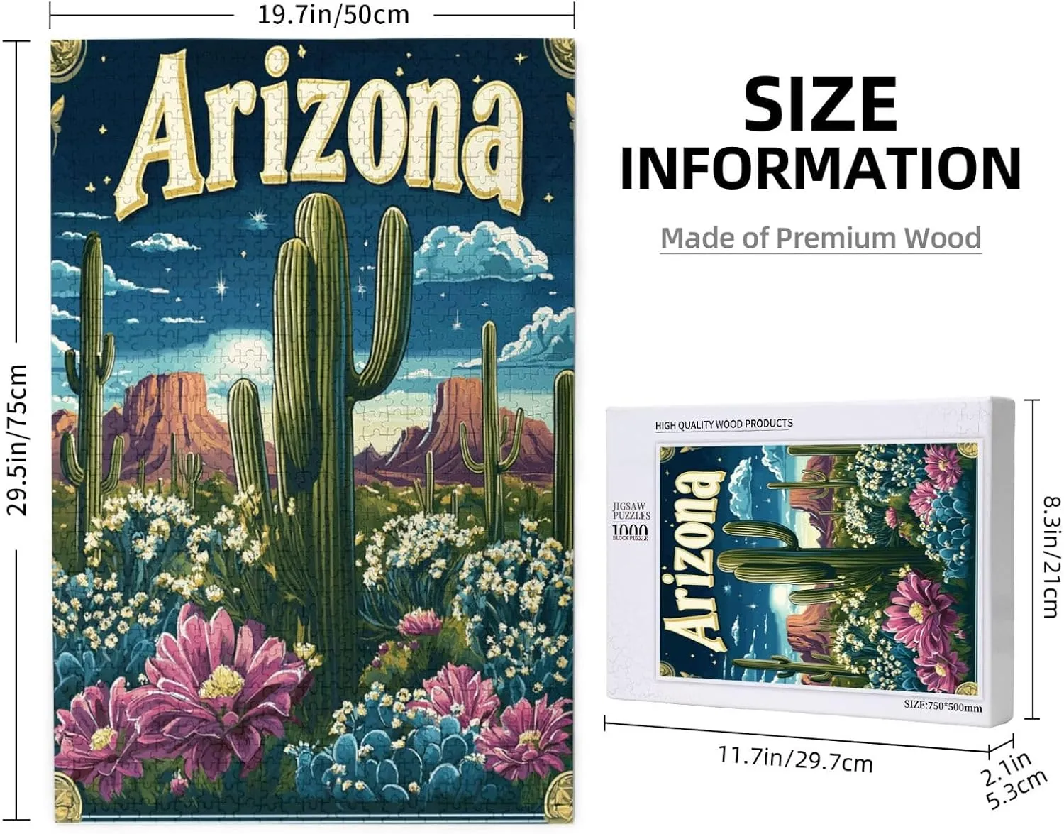 Iconic Arizona Desert Landscape with Towering Saguaro Cacti,1000 Piece Wooden Puzzle for Adults,Southwestern Wilderness Artwork,Brain Training Challenge,Stress Relief Activity