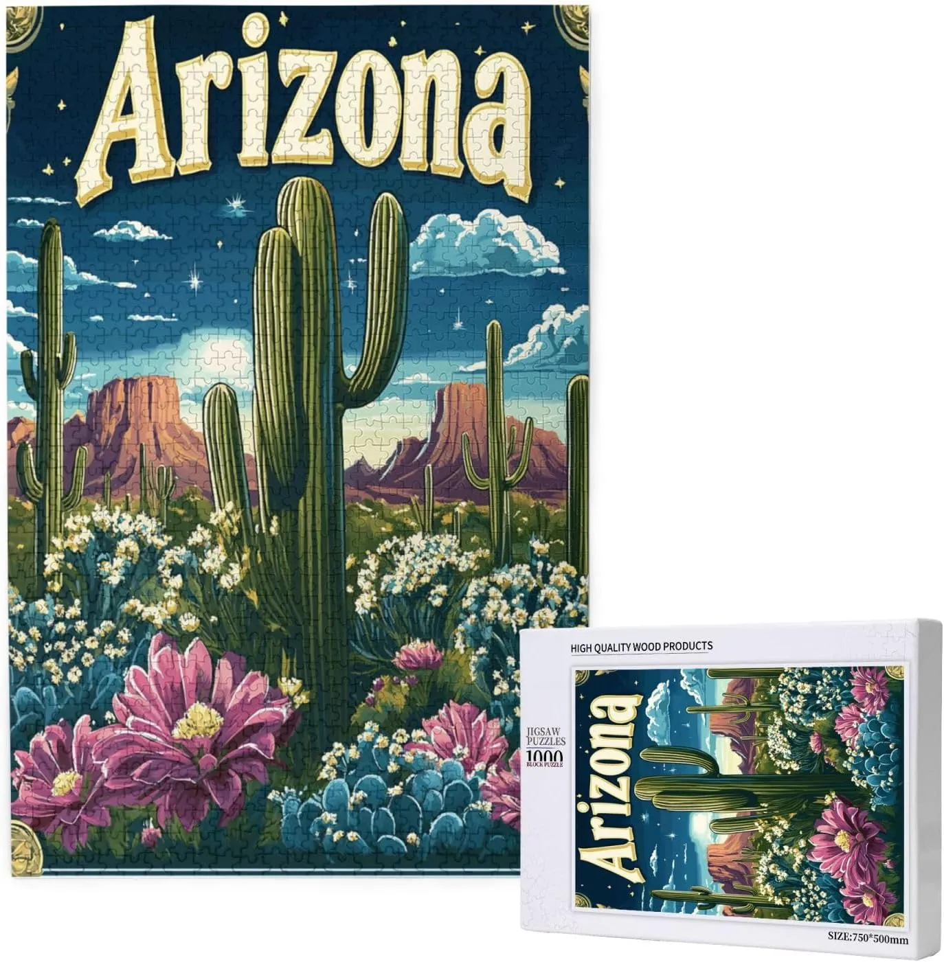 Iconic Arizona Desert Landscape with Towering Saguaro Cacti,1000 Piece Wooden Puzzle for Adults,Southwestern Wilderness Artwork,Brain Training Challenge,Stress Relief Activity