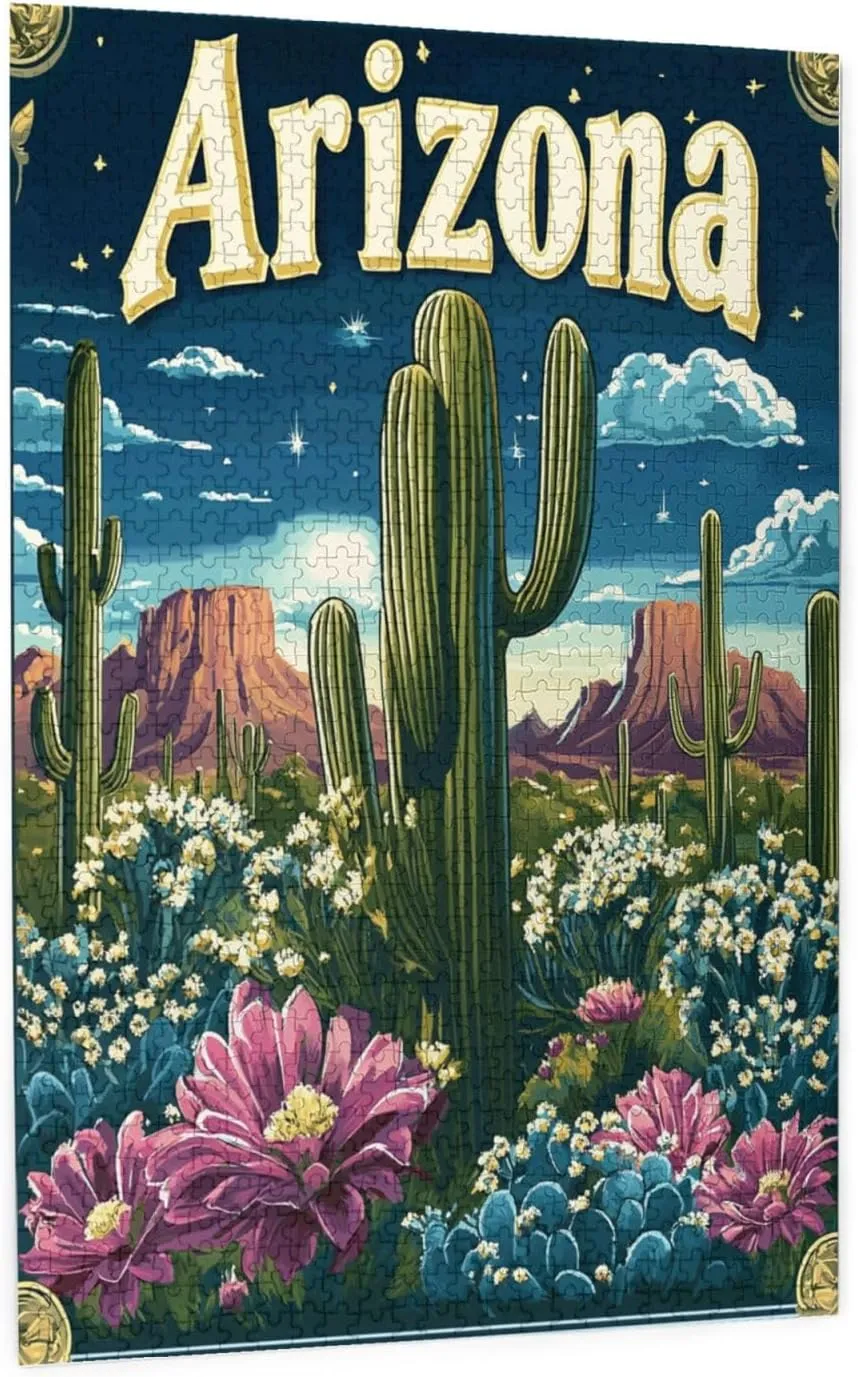 Iconic Arizona Desert Landscape with Towering Saguaro Cacti,1000 Piece Wooden Puzzle for Adults,Southwestern Wilderness Artwork,Brain Training Challenge,Stress Relief Activity