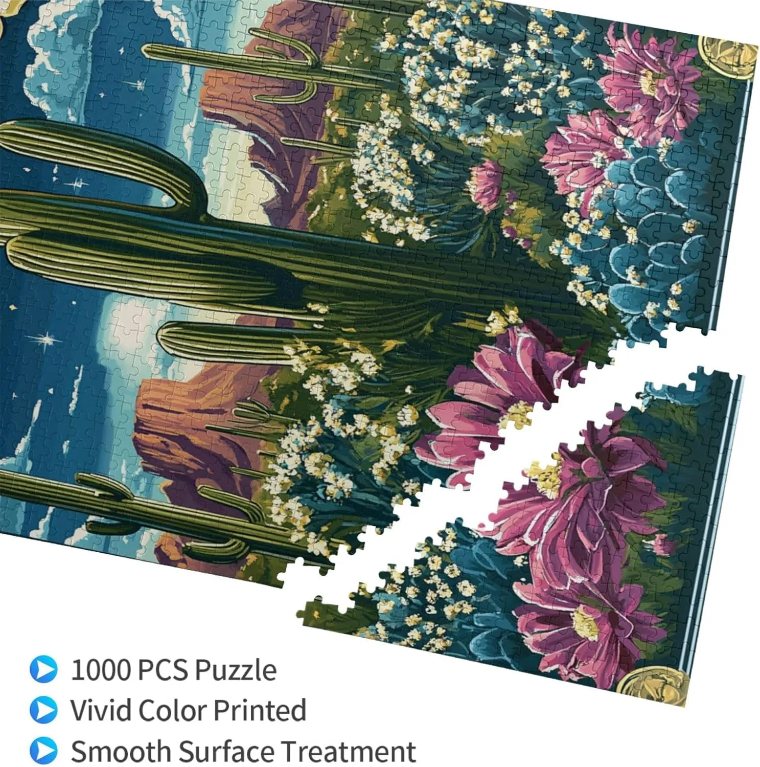Iconic Arizona Desert Landscape with Towering Saguaro Cacti,1000 Piece Wooden Puzzle for Adults,Southwestern Wilderness Artwork,Brain Training Challenge,Stress Relief Activity
