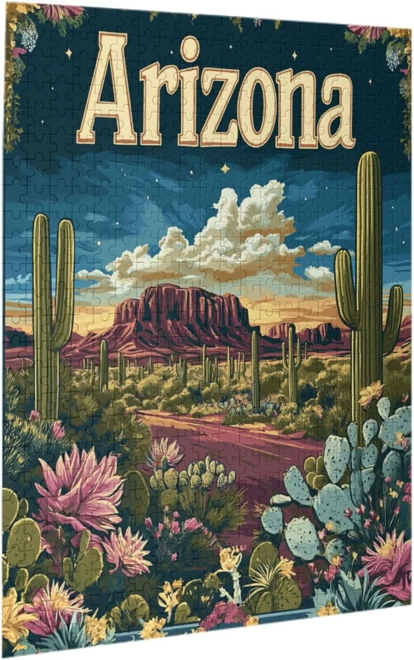 Iconic Arizona Desert Landscape with Towering Saguaro Cacti,500 Piece Wooden Puzzle for Adults,Brain Training Challenge,Stress Relief Activity,Southwestern Wilderness Artwork