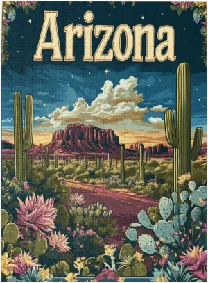 Iconic Arizona Desert Landscape with Towering Saguaro Cacti,500 Piece Wooden Puzzle for Adults,Brain Training Challenge,Stress Relief Activity,Southwestern Wilderness Artwork