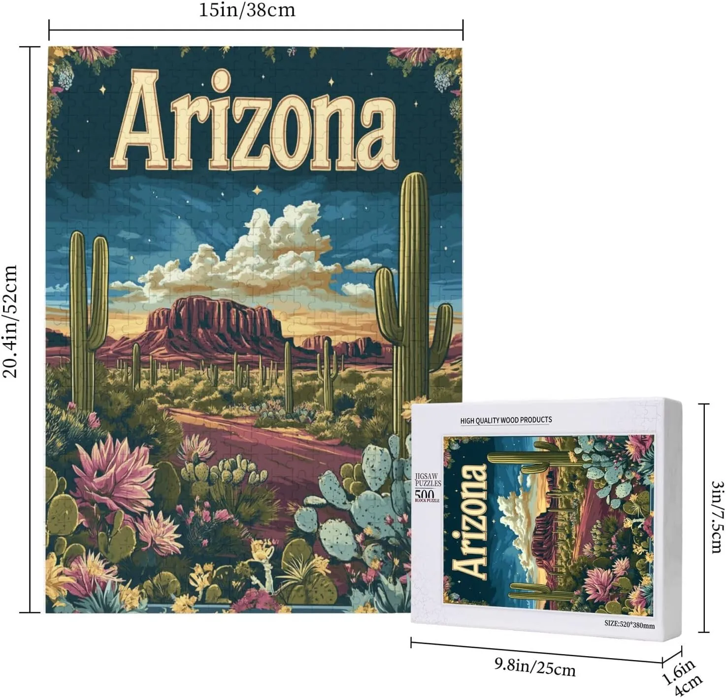 Iconic Arizona Desert Landscape with Towering Saguaro Cacti,500 Piece Wooden Puzzle for Adults,Brain Training Challenge,Stress Relief Activity,Southwestern Wilderness Artwork