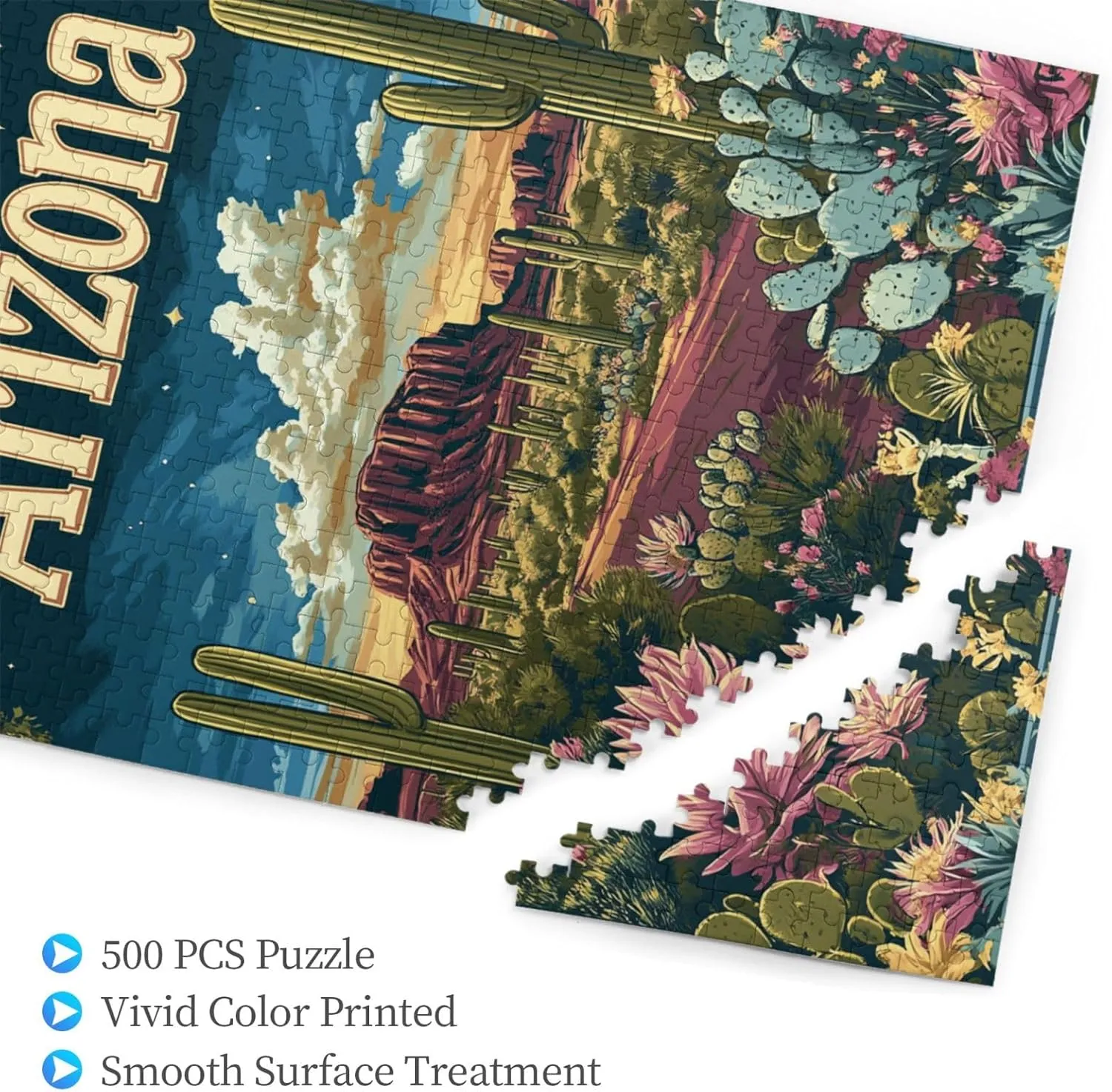 Iconic Arizona Desert Landscape with Towering Saguaro Cacti,500 Piece Wooden Puzzle for Adults,Brain Training Challenge,Stress Relief Activity,Southwestern Wilderness Artwork
