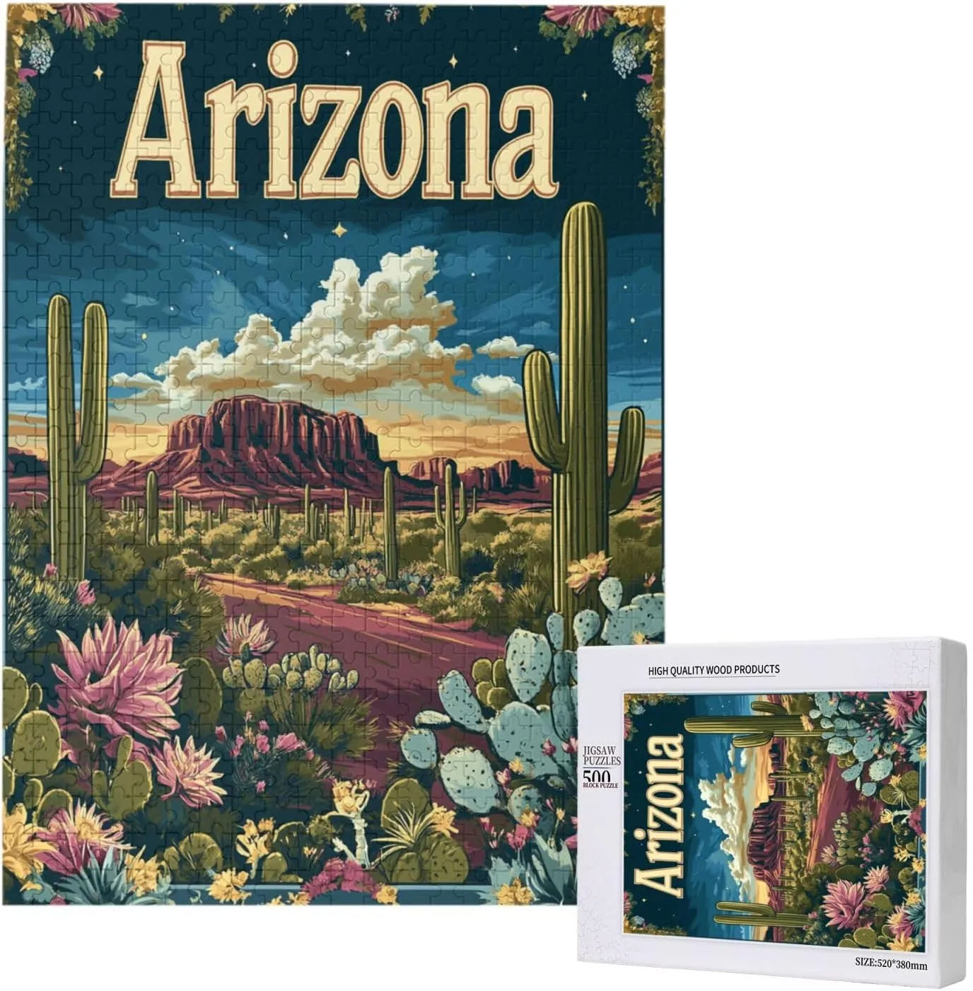 Iconic Arizona Desert Landscape with Towering Saguaro Cacti,500 Piece Wooden Puzzle for Adults,Brain Training Challenge,Stress Relief Activity,Southwestern Wilderness Artwork