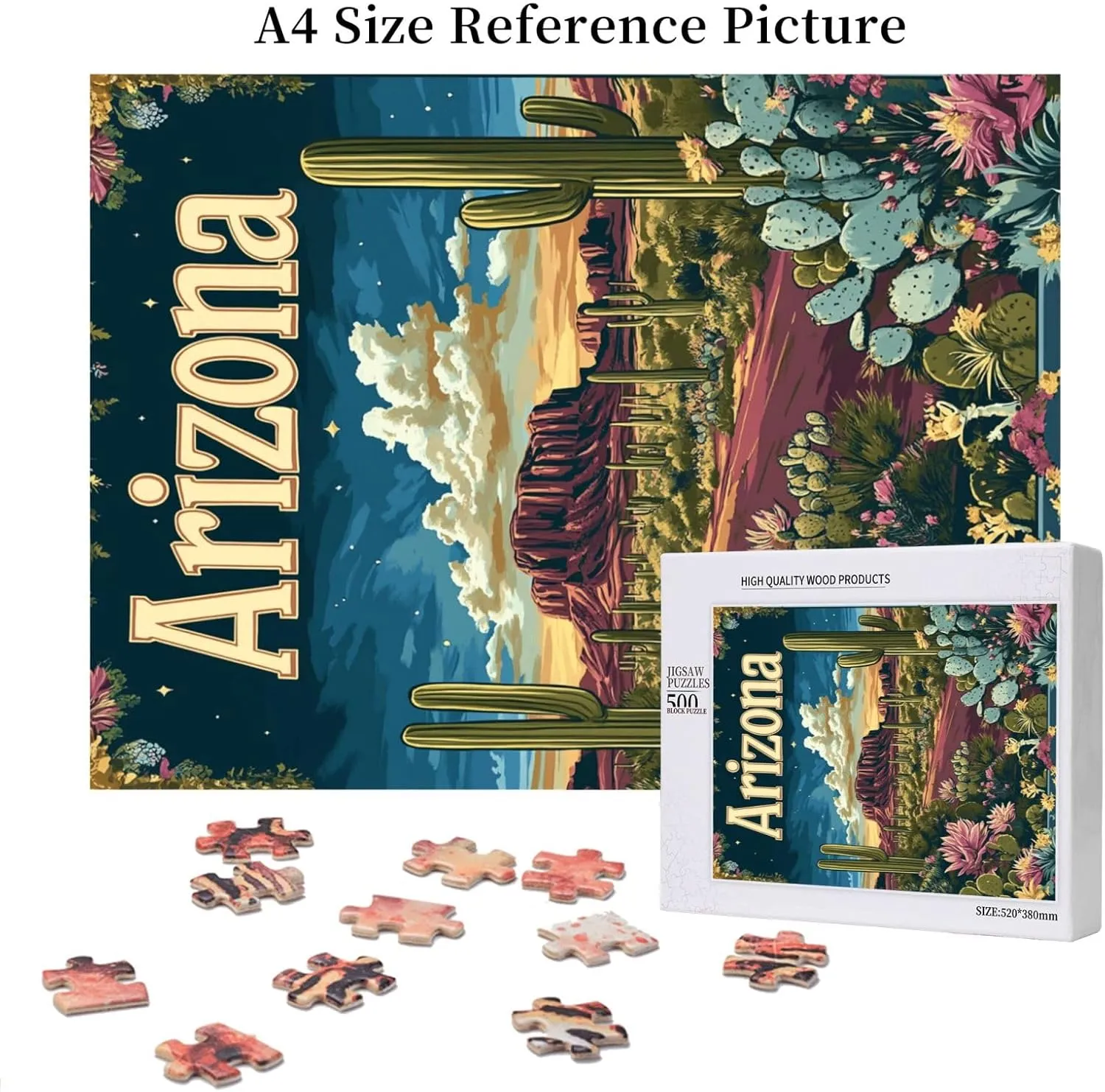 Iconic Arizona Desert Landscape with Towering Saguaro Cacti,500 Piece Wooden Puzzle for Adults,Brain Training Challenge,Stress Relief Activity,Southwestern Wilderness Artwork