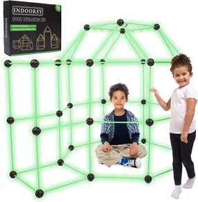 INDOORSY 100pc Glow in The Dark Kids Fort Building Kit for Kids 4-8 and 8-12 | Tiny Home Kit for Indoor Fun | Toys for Kid Magic Fort Building Kit with Box, Storage Bag, Lights | Play Fort for All
